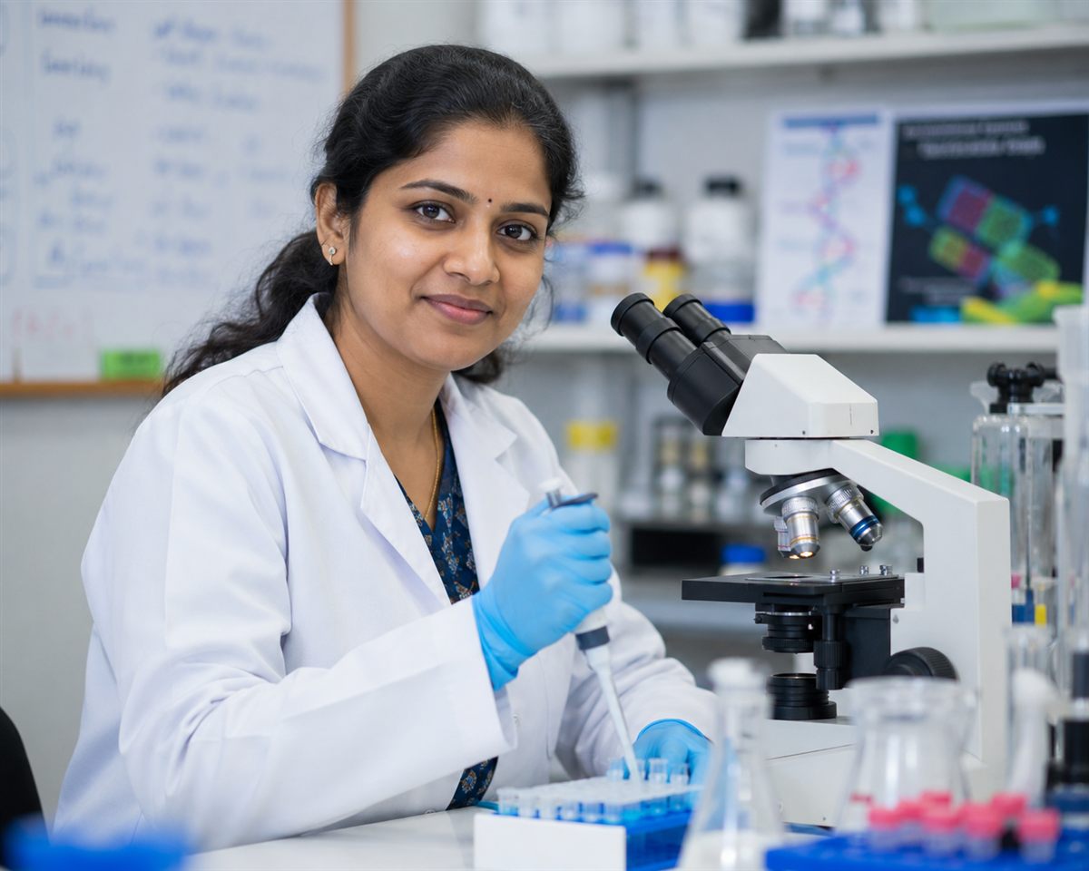 Research scholar pipetting samples in a medical research laboratory
